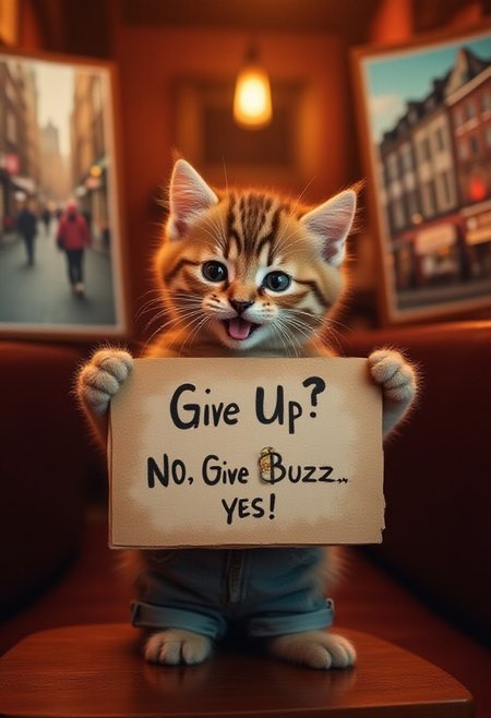 A very cute adorable charmingly down-to-earth kitten with a warm smile is seen in a lively bar, holding up a sign that reads "Give Up? No Give BUZZ? Yes!'' The kitten is dressed casually, with a relaxed demeanour that invites connection. The images on either side of him are striking photographs, capturing vibrant city scenes with a touch of nostalgia. Each image is richly detailed, showcasing a blend of modern urban life and old-world charm. The overall composition exudes a sense of warmth and familiarity, making it impossible to look away.