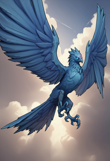score_9, score_8_up, score_7_up, score_6_up, score_5_up, score_4_up, 1girl, <lora:Anivia:0.85> solo, no humans, bird, colored skin, blue skin, wings, feral, smile, forehead gem, blue eyes, colored sclera, blue sclera, glowing eyes, full body, from below, talons, claws, flying, 
sky, clouds, 3d, render,