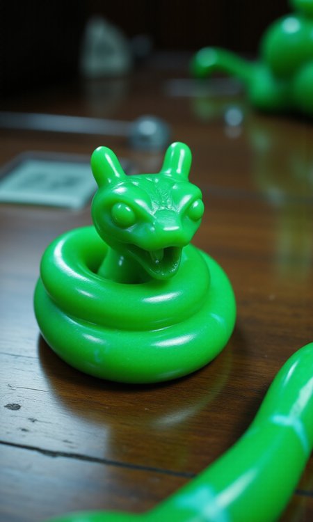 jade_snake, shebaaobao, neouv, cartoon snake made out of glowing illuminated iridescent jade ready to bite somebody on the counter of a pawn shop in New York City  <lora:jadesnakeflux-000001.safetensors:1.0> <lora:shebaobao_flux_snake_Cartoon_v2.safetensors:0.3> <lora:neouv_flux_03.safetensors:1.0>