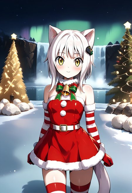 ctiank0nek0, cat ears, cat tail, christmas, dress, bare shoulders, bell, striped, red dress, neck bell, belt,medium shot, centerfold, looking at viewer,  cute Scaislwanglamb, sky, outdoors, aurora, Snow, starry sky, Water, Cloud, Night, Waterfall, background, ,Tr33,scenery,tree,outdoors,christmas tree,snow,christmas