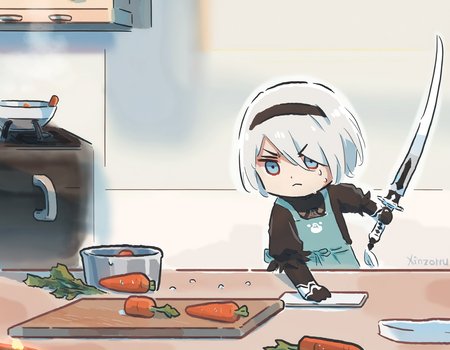xinzoruo, chibi, kitchen, 2b \(nier:automata\),solo, apron, slashing,  blue eyes, nervous, serious,  holding weapon, holding sword, katana, cooking, sweating, carrot, cutting board,   masterpiece, best quality, very aesthetic, absurdres