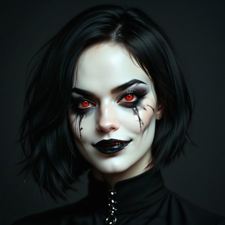 portrait of girl, white and black hair, bob haircut, black background, gothic makeup, ruined makeup, smudged makeup, with fangs visible, dark makeup, long eyelashes, high contrast, vibrant color palette, red eyes, black clothes, detailed face, sharp details, realistic digital painting, smirking, sadic, evil