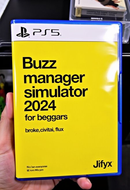 This is a photograph of Playstation 5 video game case in a game store. The case label design has a bright yellow background, displaying a minimalist design. The case features prominent black bold text "Buzz manager simulator 2024," with smaller text below that says "for beggars". Below is a bullet list of features: "broke", "civitai," and "flux". The game is rated E for everyone. The brand name "Jifyx" is printed in the bottom right corner. 
 <lora:No_Name_Brand_Products_FLUX-000001:1>