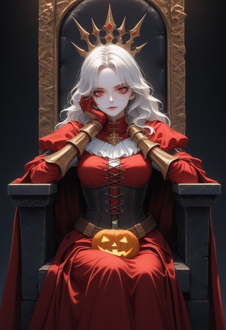 (masterpiece, best quality, absurdness, 4k, aesthetic, detailed, intricate, perfect lighting) cinematic angle, 1sologirl, sitting on throne, elbow rest, castle interior, cape, TWIN belt, armor, cloak, red gloves gauntlets, bkcrown, red eyes, white haired anime girl, with wavy hair, pale skin, On her face she had a pumpkin mask, orange porcelain pumpkin mask, full mask cover face, dressed in a medieval corset, with black medieval clothing, anime style. Conjure up some magic capturing the Halloween spirit.  Arms behind head, strong body, abs.