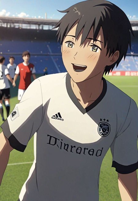 Highres, Masterpiece, High Quality, 4K, 8K, solo, 1Boy, Takaki Toono, adult, black hair, short hair, Soccer Boy, soccer player, field, happy, tired, celebration, sunny day, easynegative, detailed_eye_model