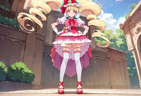 curemacherie, high heels, garter straps, thighhighs, outside,  score_9, score_8_up, score_7_up, ,source_anime, best quality, masterpiece,   , full body view ,collarbone ,  1girl , solo , girl focus , censored, standing, medium breasts,  score_9, score_8_up, score_7_up, ,source_anime, best quality, masterpiece, , garter straps , 1girl , solo , girl focus,, full body view, facing viewer, hands on hips, low angle view, from below,
