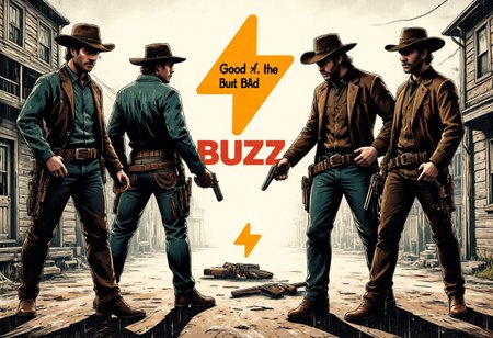 text saying "The Good, the bad and the Buzz", three gritty cowboys looking at each other with hate, a SuchBuzzLogo lying on the ground in the middle, outdoor shoot out, shots fired, outdoors, farwest neighborhood, shadows, rain, natural lighting, shocked, score_8_up, score_7_up, cowboys with guns