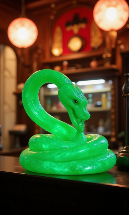 jade_snake, shebaaobao, neouv, cartoon snake made out of glowing illuminated iridescent jade ready to bite somebody on the counter of a pawn shop in New York City  <lora:jadesnakeflux-000001.safetensors:1.0> <lora:shebaobao_flux_snake_Cartoon_v2.safetensors:0.3> <lora:neouv_flux_03.safetensors:1.0>