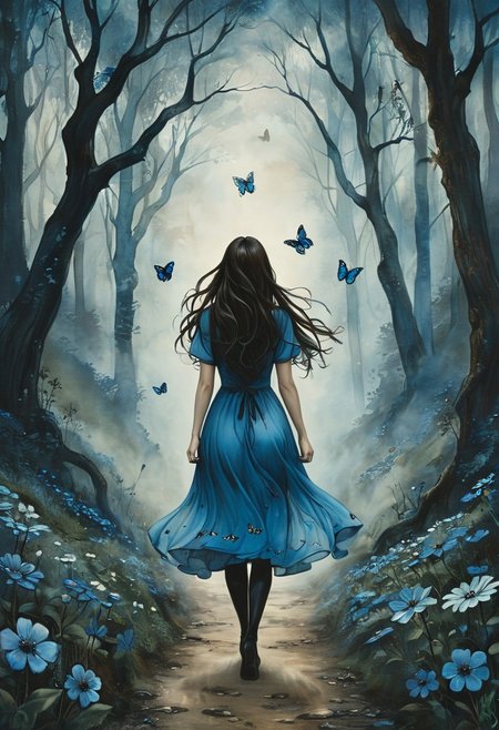 (water-colored), illustration, style of Jessica Galbreth,
(far view, far shot, rear view, facing away:1.3),
(Alice, woman walking on a trail, very long dark brown hair,  hair rim lighting, hair in the wind, blue maid dress with short sleeves:1.2), black tights,
fog, dreamy, dream,
(fantasy forest, flowers, dawn, butterfly in the air:1.4)