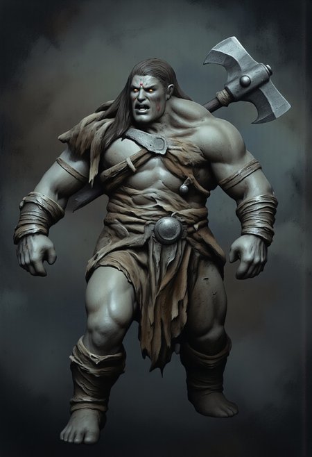 aidmaMJ6.1, Made out of paper, a PaperStyle , d4artstyle, d4concept, , d00mstyle, made of clay, ZBClay model of a gray sculpture
A brutish, obese humanoid creature with a grotesque appearance, resembling a mix of giant and troll. The creature has a bulbous nose, sagging facial features, and coarse, unkempt hair cascading from its head. Its body is bulky and fat, covered in rough, pale skin marred with scars and patches of dirt. It wears a mishmash of ragged clothing and furs, with pieces of crude leather armor strapped over its torso and arms for protection. The creature wields a massive, double-bladed axe, its muscular hands gripping the weapon with ease. The expression is a mix of aggression and dim-wittedness, conveying both its brute strength and lack of sophistication. The overall design evokes a sense of primal savagery and raw power, blending elements of barbarism and monstrosity.
Background solid color with a faded dimly lit, fog-covered darkness tone that emphasizes its silhouette. 
 The medium is not a traditional painting or illustrative medium like watercolor or ink but rather a digital rendering, eerie and unsettling.