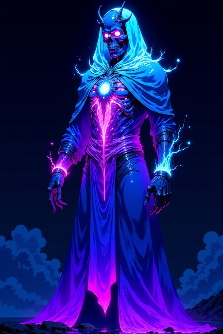 A spectral and eerie figure dominates the image, shrouded in a glowing aura of luminous gradient of hues. This skeletal sorcerer exudes an otherworldly presence, The robes appears to glow brightly in luminous shades including bright electric-blue at the top part, blue in the middle part and blue at the bottom part. The armor beneath the decayed fabric glimmers with a metallic sheen, its surface adorned with intricate patterns of arcane design. The centerpiece is a glowing vibrantly amulet embedded in the chest, radiating a bright, energy that pulses outward, casting shifting light across the surrounding darkness. The skull of the figure is crowned with a jagged, ceremonial headpiece that appears ancient, its sharp edges illuminated by a spectral glow. The empty eye sockets blaze with an intense, piercing light, as if harboring the icy flames of undeath. Strands of neon-like glowing energy coil around its bony hands, hinting at the destructive magic it commands. Each bone is finely detailed, with cracks and engravings suggesting the weight of time and dark enchantments. (The skeleton appears to glow brightly in luminous shades including bright electric-blue at the top part, pink in the middle part and flashy purple at the bottom part, against darkness of environment:1.3). The background is a dark abyss of frosty winds and glowing particles, rendered in deep, celestial blues that evoke a void-like expanse. Wisps of luminous light and frozen mist flow around the figure, amplifying its ghostly presence. The texture of the image is richly layered, blending sharp, defined edges on the armor and skull with painterly strokes in the robes and mist, giving it a surreal, dreamlike quality. The glowing effects, reminiscent of magical frost and shimmering stars, elevate the figure to one of spectral majesty and dread.  <lora:DGLO_style_v.6:0.9>