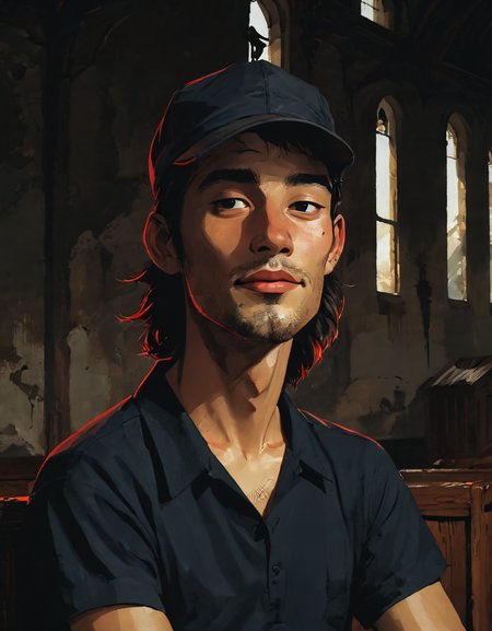 hyperrealistic medium shot dark and gritty impactful paint of a slight colombian smiling male actress wearing a stormy kromer cap and fossil clothes  sitting in silence in a historic church, long walnut hair, outside in Georgia in the morning summer, inspired by futuristic anime, dramatic cinematic rembrandt lighting<lora:The_Pulp_Session:0.90>