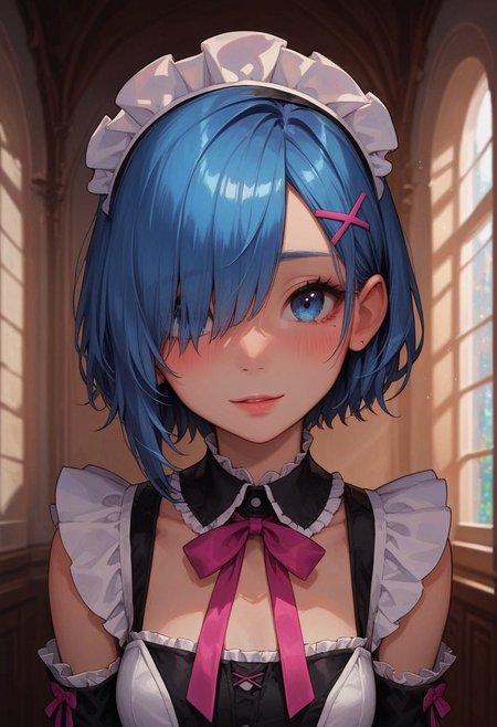 score_9, score_8_up, score_7_up, score_6_up, 
1girl, 25 years old, perfect face, cute, petite, close view,
blue eyes,
blue hair, short hair, hair ornament, hair over one eye, x hair ornament,pink ribbon, 
maid headdress, black dress, black ribbon, detached collar, detached sleeves, frilled collar, frilled dress, 
blush, shy smile, portrait, face focus, detailed face, 
inside, castle, big windows, paintings, detailed background,