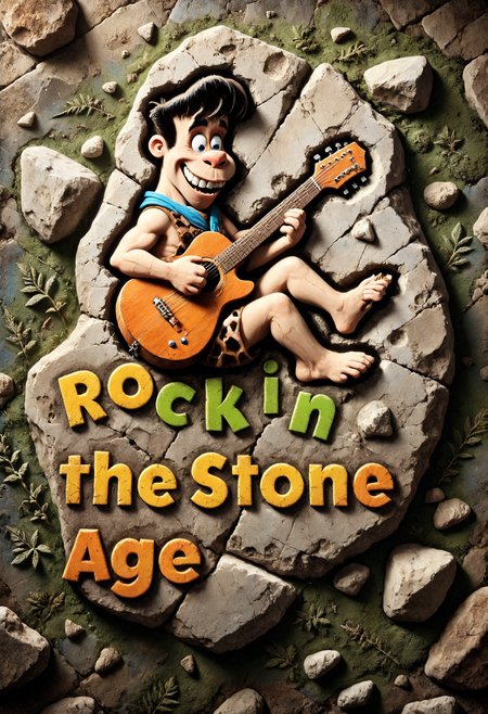 Flintstones cartoon, text "Rockin' the Stone Age", Fred Flintstone playing guitar, DonMF0551l5XL, stark, dramatic,  mystical colors, extremely detailed, beautiful, intricate, elegant, luxury, elite, dramatic light, excellent composition, cinematic atmosphere, dynamic background, pristine, attractive, rich, romantic, scenic, thought, best, contemporary, futuristic, epic