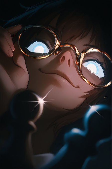 1boy, general, 

solo focus, 

brown hair, white eyes, gold-framed eyewear, glasses, adjusting eyewear, looking at viewer, smirk,

pawn \(chess\), multiple pawns, 

dark, night, reflection, diffraction spikes, dutch angle, depth of field, (from below:0.8), black background,

best quality, very awa, highres, newest