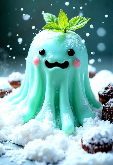 a cute trasparent slime candy monster in a mountain of powdered sugar with raining of fine sugar.Chocolate frostings on the side with a mint leaf on top






