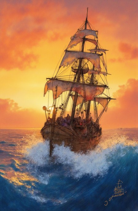Sharp image of a rough sketch, rendered in vibrant multi colour ballpoint pen, capturing the adorable features of a digital illustration of a pirate ship sailing in the ocean at sunset. The ship is a tall ship with multiple masts and sails, and it is sailing on a turbulent sea with large waves crashing around it. The sky is filled with orange and yellow hues, and the sun is setting in the background, casting a warm glow over the scene. The colors of the sky are a mix of oranges, yellows, and reds, creating a dramatic and moody atmosphere. The overall mood of the image is dramatic and dramatic.  p3nsk, <lora:p3nsk:1>