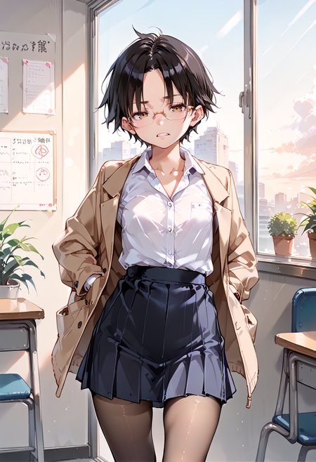 score_9,score_8_up,score_7_up,score_6_up,score_5_up, (anime_screencap, source anime:0),
1woman, solo, forehead, tomboy, teacher, black hair, glasses
small chest, (sagging breasts:0.6), 
frown, teeth, tired, thighs,
hands behind her back, 
light brown suit,  jacket, pantyhose, collared shirt, open shirt, suit skirt, 
nsfw, 
wall, sunset, 
<lora:OhigetanP:0.4> <lora:hikage_eiji:0.5> <lora:raita_xl:0.3>