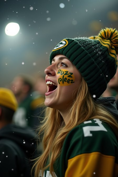 An avid Green Bay packers fan with face painted  with text "Buzz please" on one cheek .  Wearing a beanie cap. She is in a crowded stadium and cheering. She and the crowd around her are jumping and cheering a touchdown. The image conveys a sense of motion and intense emotion from motion blur and cinematic lighting. Small light snowflakes are floating in the air. Camera angle from side.