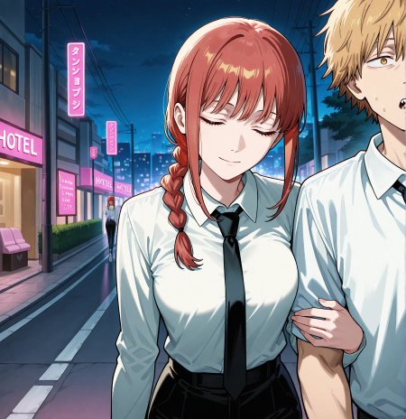 masterpiece,best quality,anime coloring,anime screenshot,
<lora:add-detail-xl:0.5>
<lora:sugar_dating:0.5>sugar_datingV1,
girl hooks her arm around the boy’s arm,night, walking,
1girl, 1boy, hetero,  light smile, facing viewer,  
outdoors, love hotel, street,sexually suggestive,
head lying on shoulders, A street lined with love hotels,
BREAK
denji \(chainsaw man\), 
white shirt, necktie,
makima \(chainsaw man\), 
chainsaw man,official style,  official art, 
20YO, milf,adult couple,