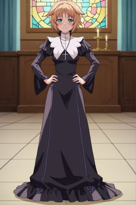 score_9, score_8_up, score_7_up,anime_source, source_anime, best background, detailed background, anime screencap,  Teresa, 1girl, solo, traditional nun, dress, black thighhighs, long sleeves,  seductive body, blush, light smile, full body, hands on hips,  indoors,  <lora:JN_Teresa_Beria:0.8>