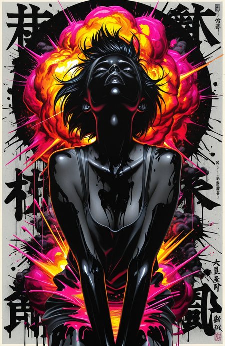 masterpiece,best quality,high quality,absurdres,very aesthetic,8k.,
1girl,<lora:Graphic_Violence:0.8>,graphic violence style, ink explosion, kanji backdrop, violent motion, poster ink art, neo-japanese
