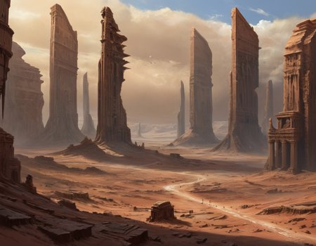 In the desolate expanse of a far-off planet, colossal ruins of sandstone structures stood as silent witnesses to an ancient civilization's demise, b3ks1n