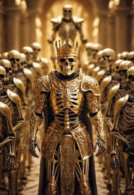 skeleton king in golden armor with skeleton army behind him, full color, cinematic light, dynamic composition, dramatic atmosphere, elegant, highly detailed, extremely scientific, sharp focus, inspired, colorful, artistic, fine detail, epic, stunning, perfect, surreal, beautiful, intricate, amazing, symmetry, illuminated background, professional, winning, best, pure, ambient, creative