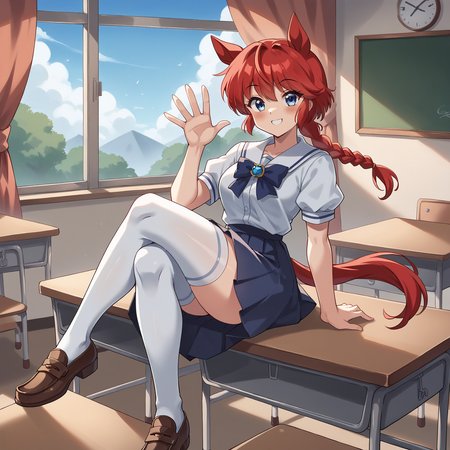 score_9, score_8_up, score_7_up, score_6_up, score_5_up, score_4_up, 1girl, ranma-chan, ranma 1/2,  (red hair:1),blue eyes, single braid,  \(umamusume\), school uniform, white thighhighs,, loafers, sitting on desk, crossed legs, looking at viewer, smile, blush, waving, classroom, window, curtains, wind, source_anime, score_9, score_8_up, <lora:Uma_01:0.52>  <lora:Smooth Anime 2 Style SDXL_LoRA_Pony Diffusion V6 XL:0.75>