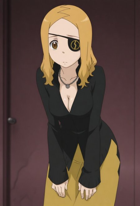 masterpiece, best quality, amazing quality, 1girl, solo,,, shiny skin,,,<lora:Marie_Mjolnir:1>mmjolnir, blonde hair, long hair, brown eyes, right eyepatch,, cleavage, necklace, black dress , gold skirt, long skirt, long sleeves, jewelry,