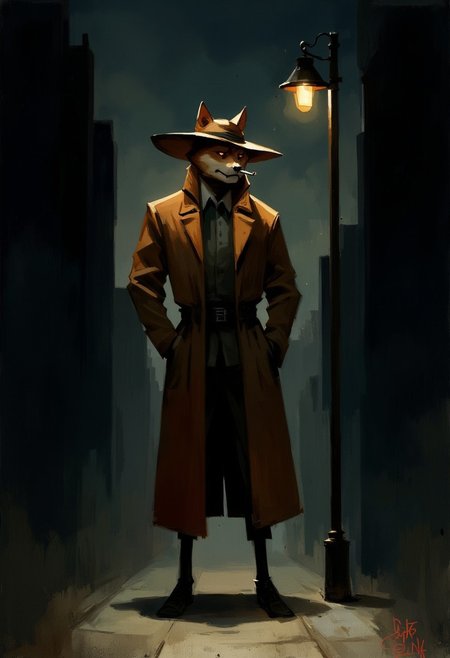 painting illustration of a shiba inu detective in a trenchcoat standing against a streetlight in a dark alley. He is wearing a long trenchcoat and lighting up a cigarette. His face half concealed by his large hat. The streetlights glow illuminates him, casting a shadow on the street. The atmosphere is dark and eerie.