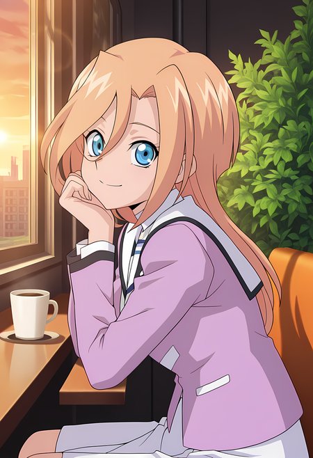 masterpiece,best quality,amazing quality,

solo, face focus,

Mikuru Shindou (Cardfight Vanguard), long hair, blonde hair, hair between eyes, blue eyes, 

school uniform, white sailor collar, shirt, jacket, long sleeves, jacket, white skirt, 

Looking at viewer, big smile, from side,

cinematic, upper body, coffee,

Sit, sitting, glass, sci-fi city, cafe, greenery, 

afternoon, sunset, 

Lens flare, bloom, detailed shadow,

Official style, anime screencap, anime coloring,
















