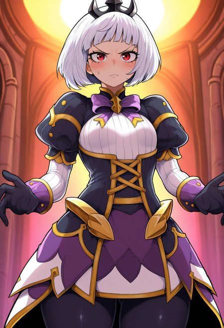 side_light,4k,(masterpiece:1.4),(best quality:1.4),(high resolution:1.4),Ultra HD, HDR,(hyperdetailed),smooth lighting,source_anime,very aesthetic,intricate details,intense,highres,vibrant colors,detailed_shadows,detailed_reflections,high-quality textures,good shading,studio quality,epic lighting,digital illustration,show accurate proportions,long eyelashes,thick eyelashes,perfect hands,perfection,5 fingers,perfectly detailed fingers",""manga eyes,perfect eyes,detailed eyes,beautiful lighting,detailed eyes,perfect eyes,long eyelashes,thick eyelashes,long eyelashes,shiny skin, perfect beautiful face, cute,Big eyes,mature,adult female,18 years old,
Kjorp, bob cut, blunt bangs, red eyes, white hair, puffy short sleeves, tiara, purple bowtie, black corset, sleeve cuffs, white sleeves, black gloves, short over long sleeves, black leggings, high belt, showgirl skirt,  purple skirt, white skirt, black skirt, ribbed shirt, gold trim, multicolored skirt,
,angry,blush,sweaty, yotsumi_shiro style,
,small breast,,
blush,on dark castle,