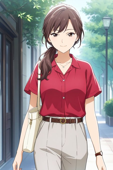 <lora:Add_more_details_pony:0.8>  <lora:matsukaze_kanoko_illus_deaimon:1> matsukaze kanoko, 1girl, solo, long hair, looking at viewer, brown hair, shirt, jewelry, standing, cowboy shot, short sleeves, outdoors, day, belt, pants, necklace, bag, tree, red shirt, walking, watch, handbag, shoulder bag, wristwatch, grey pants, outfit 4, side low ponytail,  seductive smile, collared shirt,