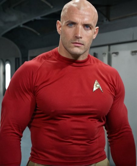 1boy, 20 year old male, Handsome, masculine, blonde, star trek, red shirt, muscle,  tall, tight shirt, wide pectorals, big shoulders, wide shoulders, muscular neck, German, bald, big pale blue eyes, abs, biceps,

stunf, star trek uniform,
