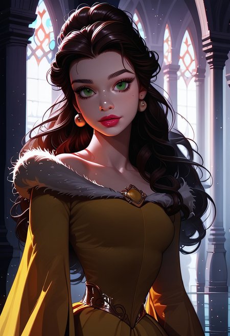 score_9, score_8_up, score_7_up, solo,  1girl, 24 y.o, Belle Princess, cinematic, Depth of field, bokeh, best_quality, cinematic, light particles, highly_detailed, very_aesthetic, beautiful_and_aesthetic, top_quality, hyperrealistic, photorealistic, 8K, ultra detail, curves, sexy, body shaper, yellow dress, Ball dress, afterglow expression, bioluminescent details, wearing a feather boa, slender waist, carrying light eyebrow gel with gloss cream lipstick, stylish brown bun hair, long hair, colored eyeliner, green eyes, face focus,