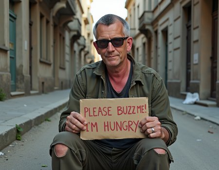a 50 year old man with short grey hair, green-brown eyes, Wearing a ripped, dirty and smelling oufit, sitting in a dirty abandoned street like a beggar and is holding up a sign:"PLEASE BUZZ ME! I'M HUNGRY." <lora:MySelf:1.0>   ((Is wearing dark sunglasses))..