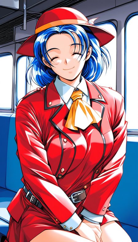score_9, score_8_up, score_7_up, source_anime, rating_explicit, BREAK <lora:Nonomura_Misato_XL:1>Nonomura_Misato, blue hair, closed eyes, medium hair, medium breastsãbraid, 
bus guide, 1girl, solo, red hat, ascot, smile, red jacket, 
1990s (style),  looking at viewer, v arms, skirt, long sleeves, shirt, belt, uniform,