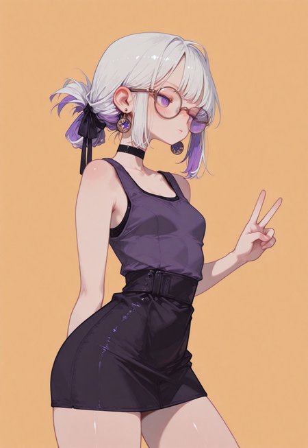 masterpiece, best quality, amazing quality, very aesthetic, absurdres,
1girl, solo, ((from above)),
silver hair, inner color hair, blush, parted bangs,folded ponytail, hair ribbon
,
simple pastel gold  background,
shy, blushed, multicolored hair,  purple eyes,
large round rimless glasses ,
tank top, tight mini skirt, flat chest,
black choker, ultra detailed eyes,
looking side, upper body shot,
v ,
earrings,  jewelry, hair ribbon,
emotionless ,
from side,
(contrapposto:1.2), thick legs, chubby thick legs, thighs tension, realistic clothes texture,
narrow waist, wide hips, detailed eyes,
UGlub, fl4t, UGlub,