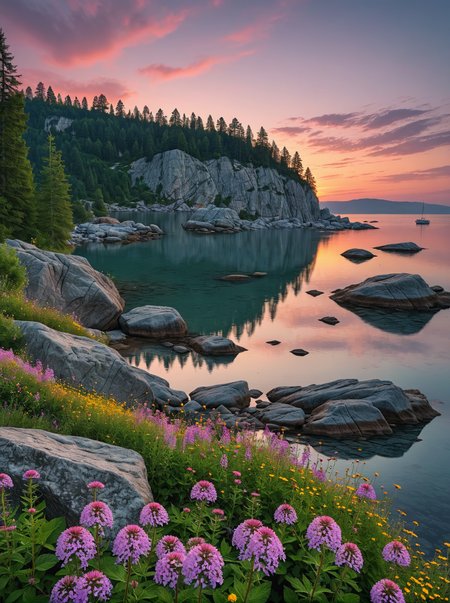 Breathtaking photography. A large, bustling harbor. Twilight with pastel-colored skies. A rocky outcrop with wildflowers in foreground.  Panoramic view of a dense, ancient forest  in background. Award-winning, professional, highly detailed.  <lora:MJ52:0.5> <lora:RMSDXL_Darkness_Cinema:1> (HDR (High Dynamic Range), vibrant colors, high contrast, detailed, UltraHD, 8K, cinematic, 80mm, high detail)