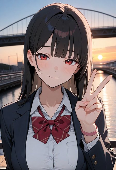 masterpiece,best quality,amazing quality,newest,absurdres,highres, newest,very awa, scenery, anime,flat color,
from front, portrait,dutch angle,
1girl, beautiful face, perfect eyes, detailed eyes,mature female,
black hair,long hair, straight hair,blunt bangs,light smile, , looking at viewer, blush,
red eyes, 
large breasts,collarbone,
seifuku,collared shirt, plaid red bowtie, open blazer, small pink wristlet, 
v,hand up, urban,on bridge, bridge,
depth of field, sunset,volumetric light,blurry background,backlighting,photo background,