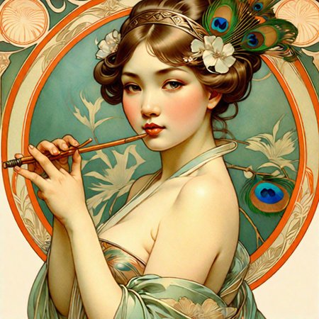 (Illustration by alphonse mucha, art nouveau, pin-up, best quality, realistic, detailed), tasteful portrait, japanese girl, playing a biwa, silk limono with metal inserts, japanese grove, peacock