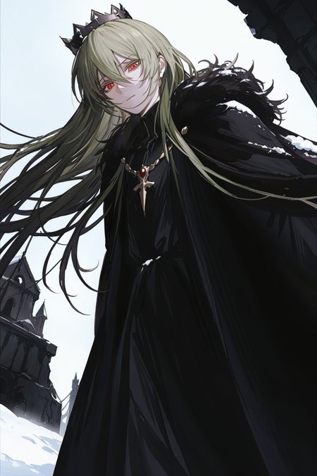 masterpiece,best quality,1boy,medieval lord,from below,androgynous,very long hair,light green hair,hair between eyes,red eyes,expressionless,beautiful,fur trimmed cape,black robe,black crown,luxury,floating hair,winter,snow,battlefield ruins,<lora:johnkafkaXLlokr4f:0.8>,