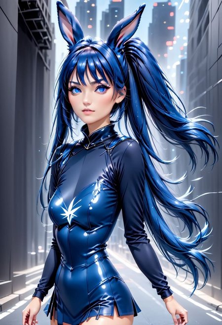 best quality, 1girl, btoki, blue hair, blue eyes, long hair, rabbit ears, playboy bunny, blue leotard, bangs, twin-tails, halo, bow, wrist cuffs, blue bow, rabbit tail, (upper body, close-up, cropped torso), <lora:Toki (Bunny):1>