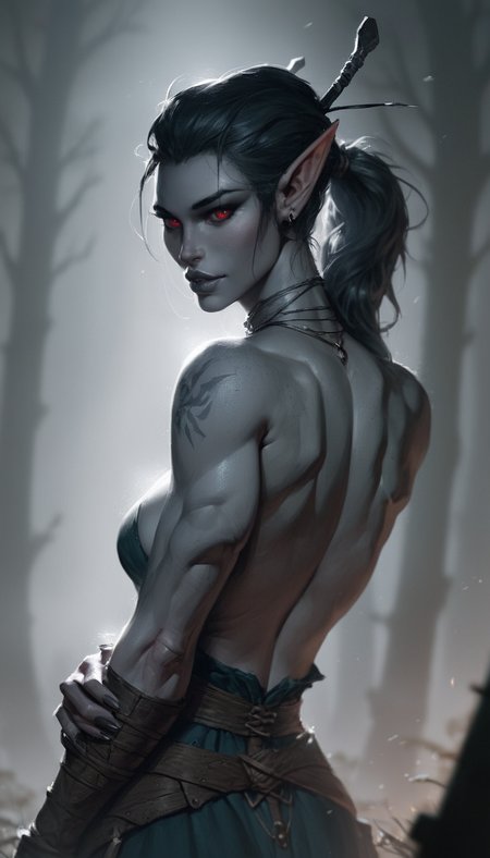 score_9, score_8_up, score_8_up, layering, ultra detailed, (ultra wide angle shot:0.65), shallow depth of field, alluring curves, tasteful sensuality, softcore, pinup girl pose, 1girl, ((dunmer)), skyrim, elder scrolls, dark elf, ((dark grey ashen skin)), drow with dark grey skin, very big large dark red eyes, dark grey lips, black hair pulled back in sleek ponytail, tall and slender, supermodel look with pronounced sharp cheekbones and narrow sharp long chin, photo, painting, light rays, <lora:Dunmer:1.3>,  <lora:Skyrim_Project_SDXL_r1:0.6> <lora:Fant5yP0ny:0.7>,  <lora:MJ52:0.5>
