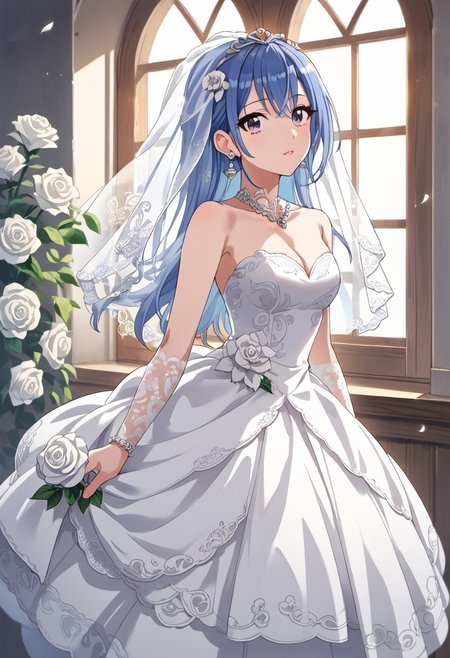 score_9, score_8_up, score_7_up, source_anime, suzuki hana, long hair, blue hair, purple eyes, 1girl, dress, wedding dress, veil, jewelry, flower, solo, earrings, white dress, rose, bridal veil, white flower, window, white rose