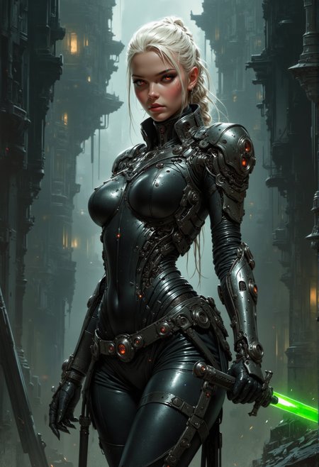 cybernetic style fantasy style, , 1girl, young, high braided  ponytail , platinum hair,  grim dark futuristic assassin, seductive, black skin tight bodysuit, slim  body, small waist, gloves, leather elbow gloves, jewelry ,(solo), pale skin, curvy body, freckles, athletic body, , , slim waist,, untouched beauty, clear, lively, detailed face, upper body accent, dark makeup, goddess,, seductive look,gothic  Victorian influence
dynamic action pose
she is swinging a sword at the viewer  with a green blade
her eyes are augmented and cybernetic glowing red eyes that pierce through the darkness
background of a darkened futuristic  palace
<lora:CPA:0.6>low-key lighting, atmospheric haze, underexposed, cinematic darkness, deep shadows . futuristic, technological, cybernetic enhancements, <lora:artisketchyfs-v02:0.5> <lora:FluxMythV2:0.7>