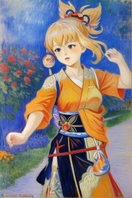 <lora:Style ClaudeMonetPainting v3:1.0> masterpiece, best quality, traditional media, impressionism, oil painting

1girl, confident expression, playful, (excited:0.8), yoimiya \(genshin impact\) <lora:Character Yoimiya hardpruned:1> orange kimono, blonde, medium breasts, dynamic pose