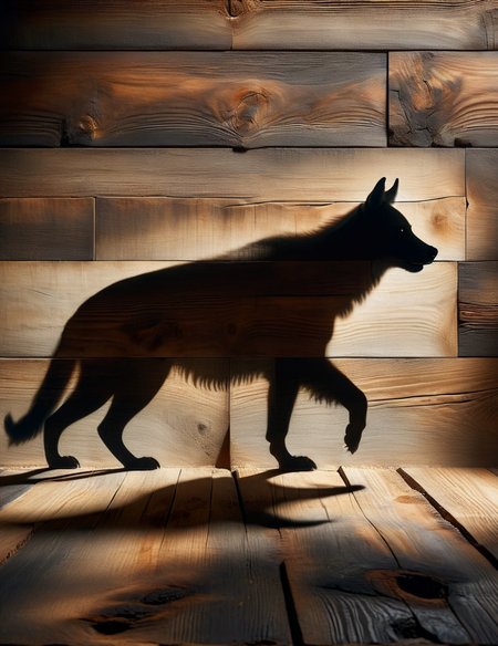 DonM5h4d0w5XL shadow  on a wood shingles or shake wall, hyena, <lora:DonM5h4d0w5XL-000010:1>