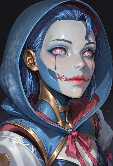 score_9,score_8_up,score_7_up,score_6_up,dark background,d0llf4ce,close-up,portrait,from side,looking at viewer,1girl,solo,robot,joints,hood,android,metal skin,mechanical legs,argyle pants,puffy sleeves,blue skin,grey skin,pink ribbon,blue sclera,medium breasts,pink eyes,humanoid robot,corset,blue hair,<lora:MyTrainings\Temp\Apex\Ash_Dollface_Pony_ARZUMATA.safetensors:0.6>